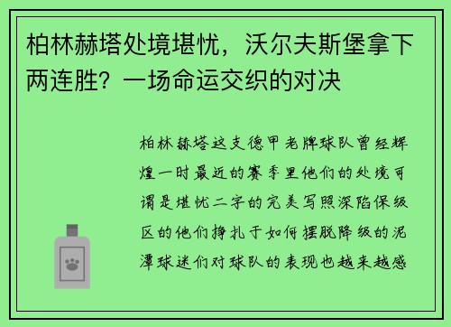 柏林赫塔处境堪忧，沃尔夫斯堡拿下两连胜？一场命运交织的对决