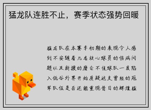 猛龙队连胜不止，赛季状态强势回暖