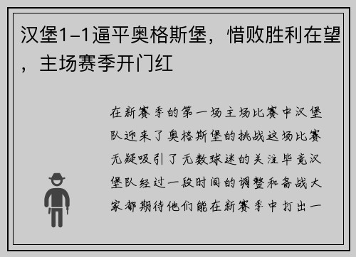 汉堡1-1逼平奥格斯堡，惜败胜利在望，主场赛季开门红