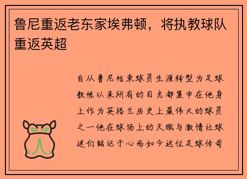 鲁尼重返老东家埃弗顿，将执教球队重返英超