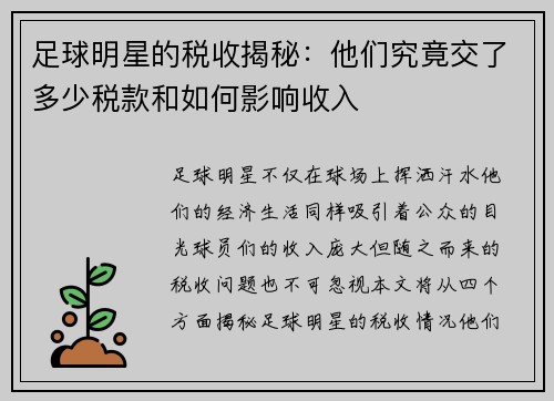 足球明星的税收揭秘：他们究竟交了多少税款和如何影响收入