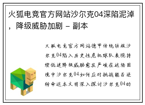火狐电竞官方网站沙尔克04深陷泥淖，降级威胁加剧 - 副本